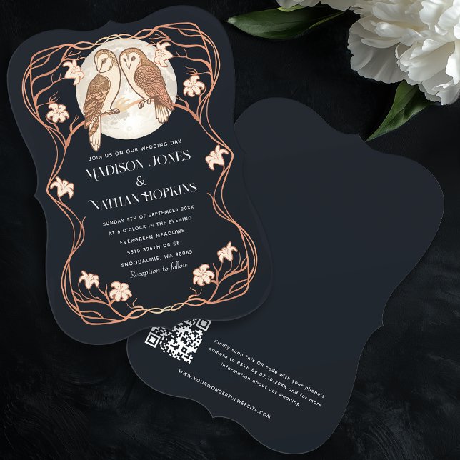 Rose Gold Elegante Jugendstil-Owls QR Hochzeit Einladung (Von Creator hochgeladen)