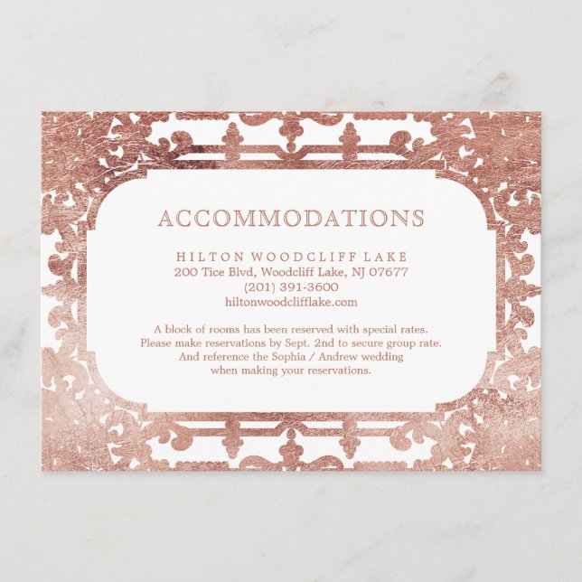 Rose Gold elegante Vintage Hochzeitsunterkunft Begleitkarte (Vorderseite)