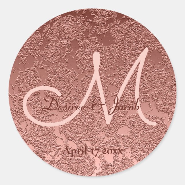 Rose Gold Elegante Wedding Empfang Monogram Runder Aufkleber (Vorderseite)