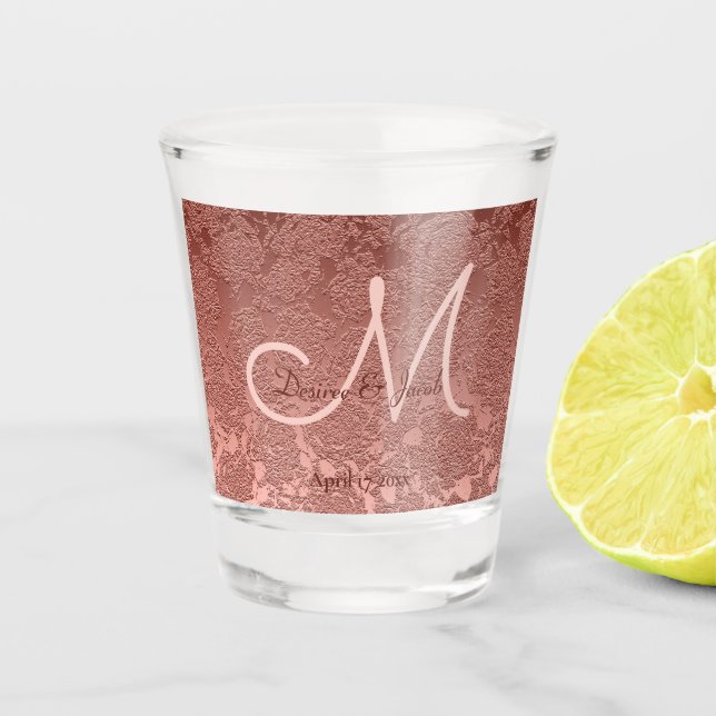 Rose Gold Elegante Wedding Empfang Monogram Schnapsglas (Vorderseite)
