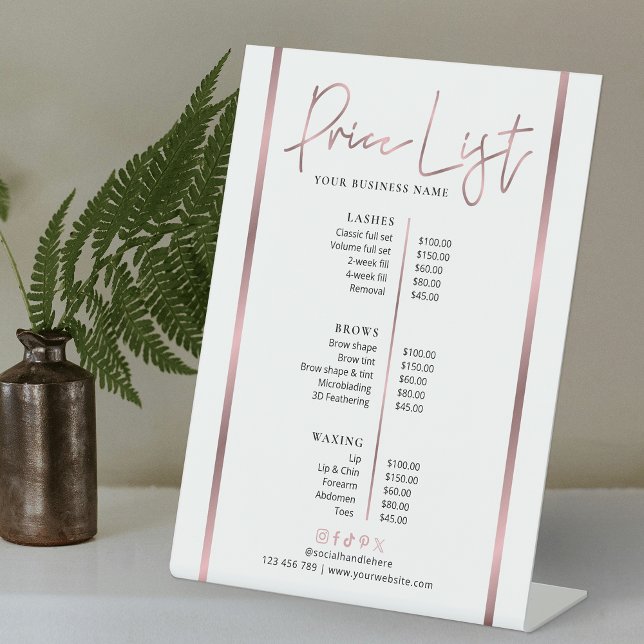 Rose Gold Eleganter Chic Salon Wellness-Center Tre Sockelschild (White and rose gold effect elegant business price list pedestal sign)
