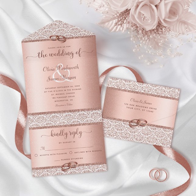 Rose Gold Eleganter Glitzer Damask Hochzeit All In One Einladung (Von Creator hochgeladen)