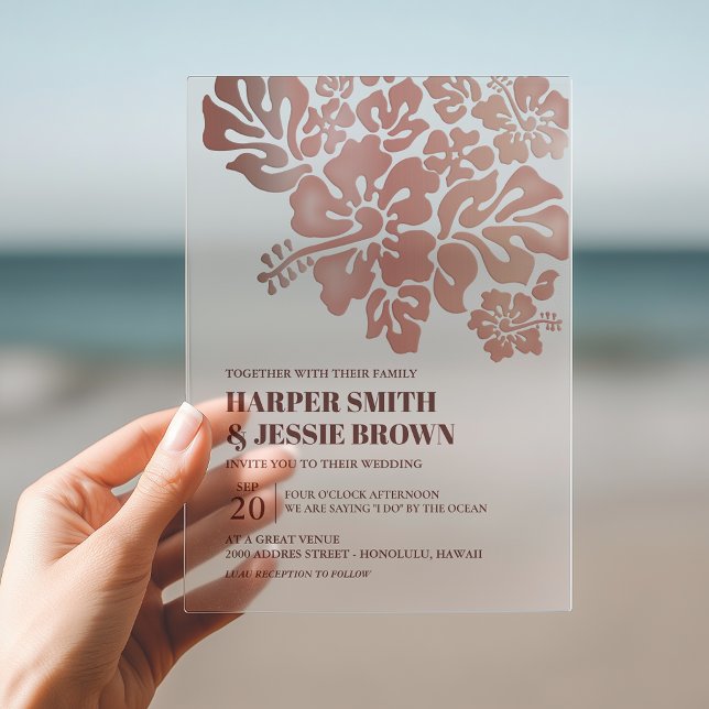 Rose Gold - Eleganter Hibiskus Beach Wedding Acryleinladungen (Invite your guests to your dream wedding with this ultra stylish beach invitation!)