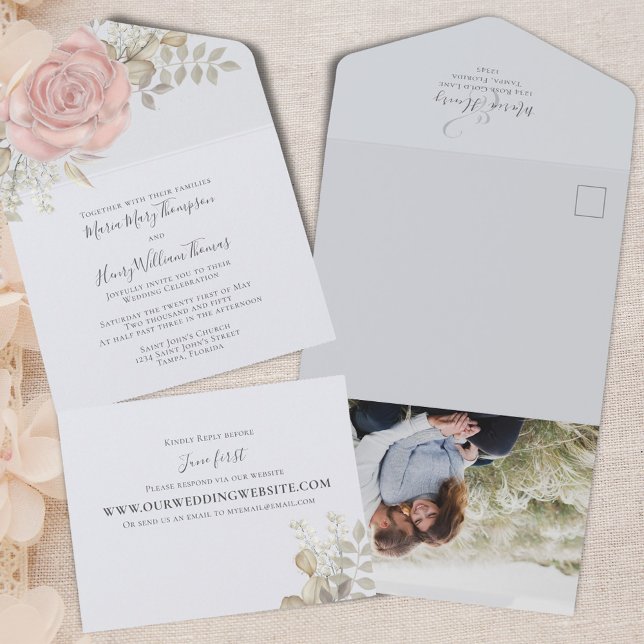 Rose Gold Elegantes Foto All In One Einladung (Wedding invitation all in one style with photo template.)