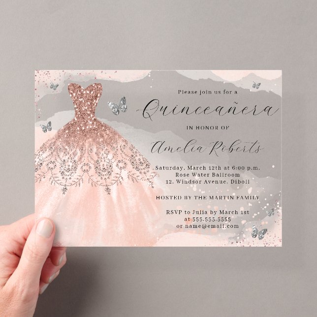 Rose Gold Elegantes Kleid Butterfly Quinceanera Acryleinladungen (Insitu (Handheld))