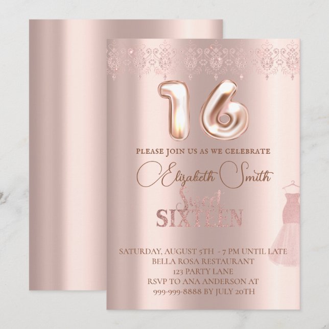 Rose Gold Eleganz, 16 . Geburtstag Einladung (Vorne/Hinten)