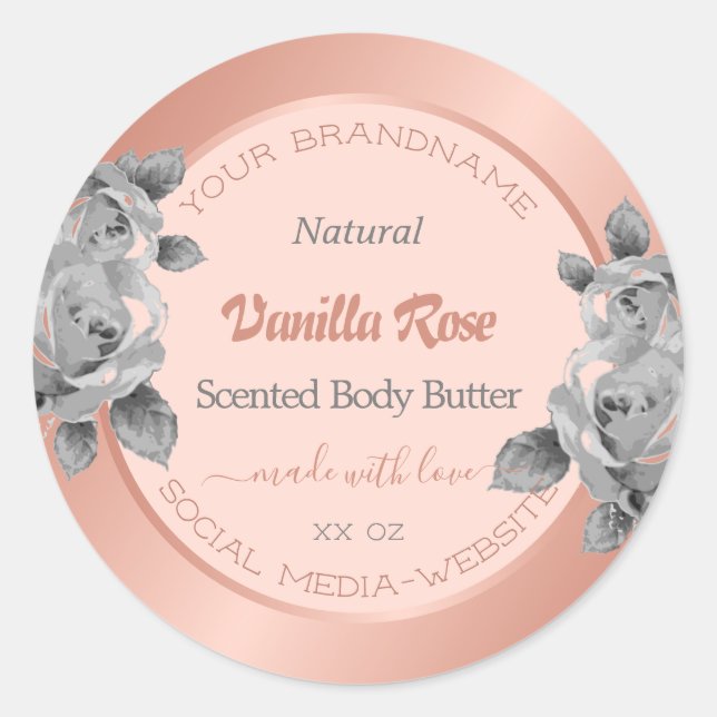 Rose Gold Emballage Étiquette Gris Fleurs (Devant)