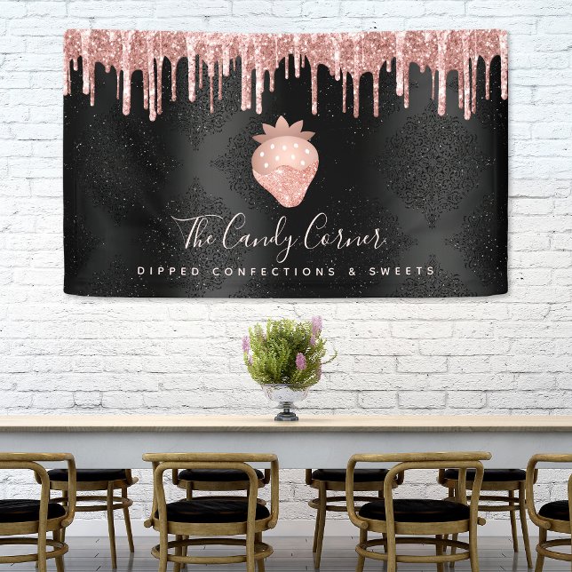 Rose Gold Erdbeere Glitzer Tropfen Confection Blac Banner (Matching business cards, loyalty cards, stickers, notebooks and more also available!)