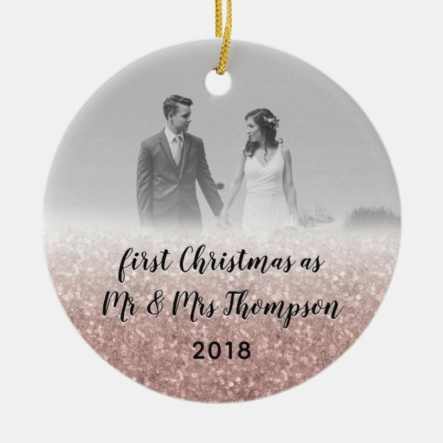 Rose Gold Erste Weihnachtszeit Mr. & Mrs. Couple F Keramik Ornament (Vorne)