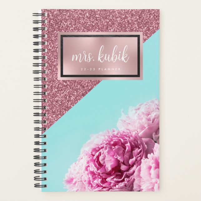 Rose Gold et rose Fleurs Enseignant Planificateur (Devant)