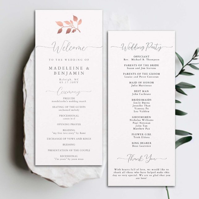 Rose Gold Eukalyptus Elegantes Chic Hochzeitsprogr (modern classic wedding ceremony program rose gold eucalyptus greenery foliage formal traditional)