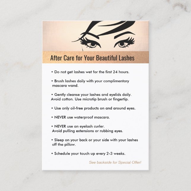 Rose Gold Eyelash Verlängerungen nach der Behandlu Empfehlungskarte (Vorderseite)