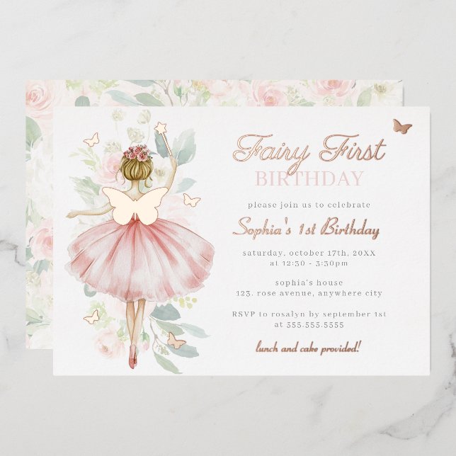 Rose Gold Fairy Erster Geburtstag Schmetterling Folieneinladung (Vorderseite/Rückseite)