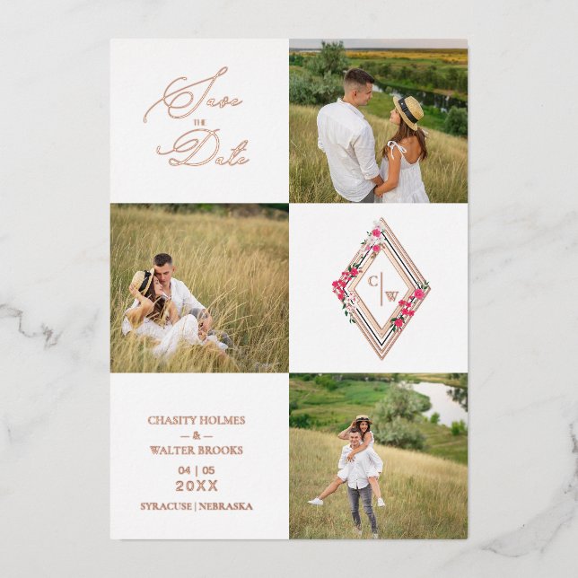 Rose Gold Fancy Modern Collage 3 Photos Wedding Folieneinladung (Vorderseite)