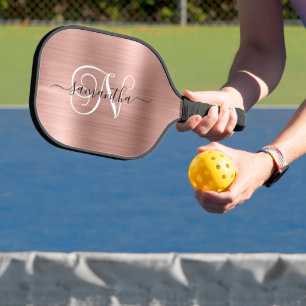 Rose Gold Faux Foil Curly Monogram Pickleball Schläger