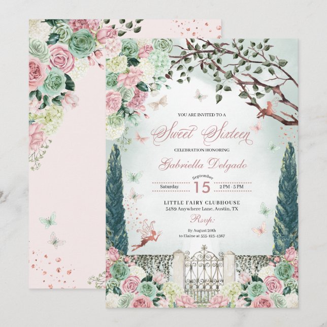 Rose Gold Fee Verzauberter Garten Süße 16 Einladung (Vorne/Hinten)