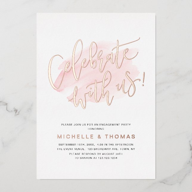 Rose Gold feiert mit US Script einfach Folieneinladung (Vorderseite)