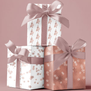Rose Gold Feiertags-Schneeflocken Baum Weihnachten Geschenkpapier Set