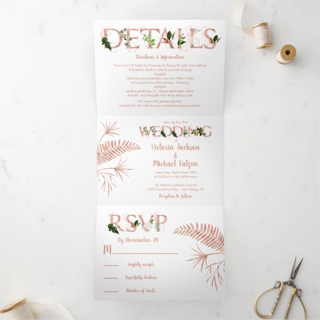 Rose Gold Ferns Wedding dreifach Einladung (Innenseite)
