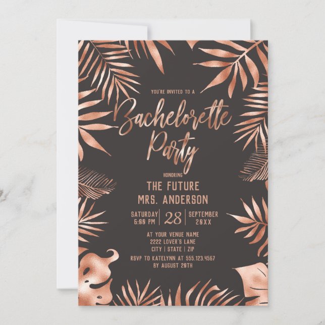 Rose Gold Feuilles Bachelorette Party Invitation (Devant)