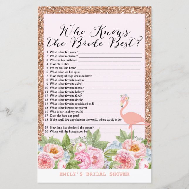 Rose Gold Flamingo Brautparty Game DRUCKT (Vorderseite)