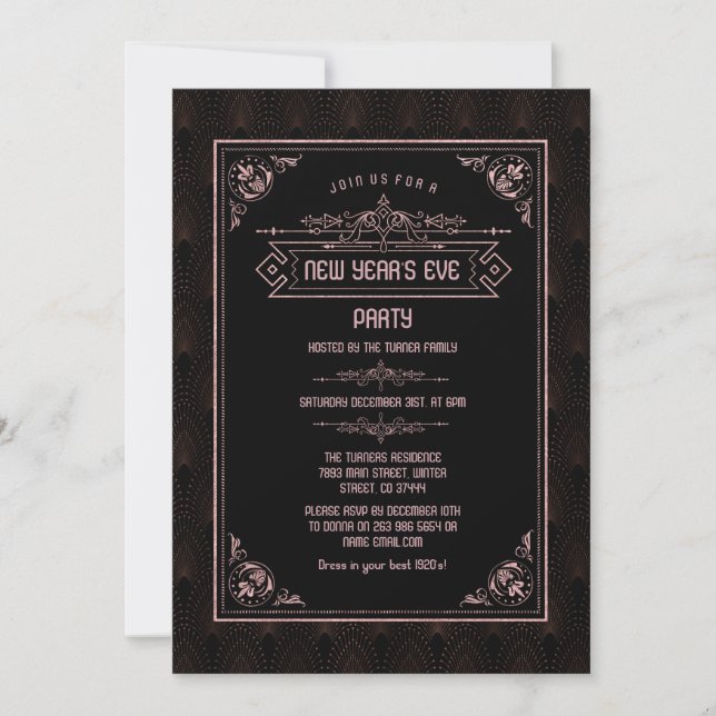 Rose Gold Fleur-de-lis Art Deco New Year Party Einladung (Vorderseite)