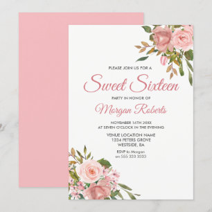 Rose Gold & Fleurs roses Douce Invitation 16 Parti