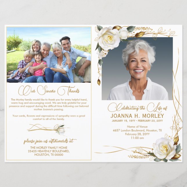 Rose & Gold Floral 2 Photo Funeral Programme (Devant)
