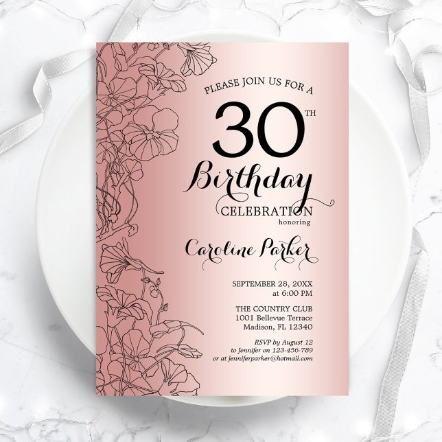 Rose Gold Floral 30. Geburtstag Party Einladung (Von Creator hochgeladen)