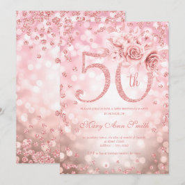Rose Gold Floral 50. Geburtstag Glam Lights Einladung