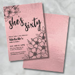 Rose Gold Floral 60. Geburtstagsparty Einladung<br><div class="desc">Dieses elegante 60. Geburtstagsjubiläum besticht durch einen schicken Imitat-Hintergrund mit goldenen Rose, schwarzen Schriftart und schwarzen Blumenakzenten. Das Design präsentiert eine Mischung aus moderner Schriftzypografie mit "she's sechzig" und einem klassischen Serif-Schriftart für ein raffiniertes Aussehen. Feiern Sie 60 Jahre Leben mit diesem raffinierten Design. Das Beste daran ist, dass Sie...</div>