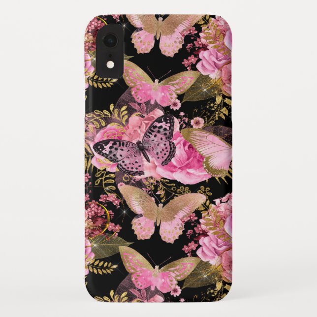 Rose Gold Floral and Butterfly Girl Muster Case-Mate iPhone Hülle (Rückseite)