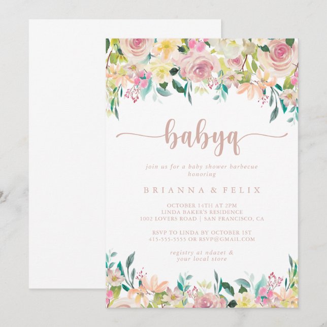 Rose Gold Floral BabyQ Baby Duschgrill Einladung (Vorne/Hinten)