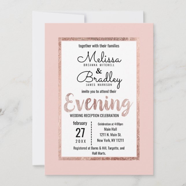 Rose Gold Floral Blush Pink Pinsel Script Abend Einladung (Vorderseite)