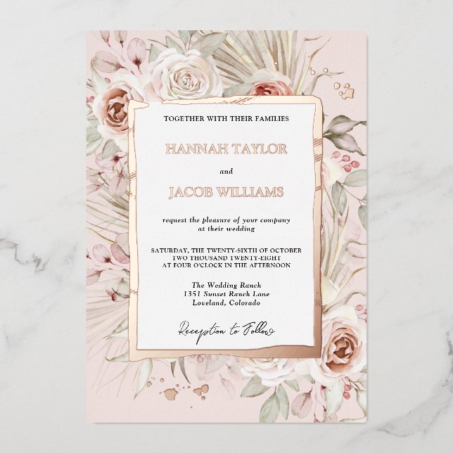 Rose Gold Floral Boho Hochzeit Folieneinladung (Vorderseite)