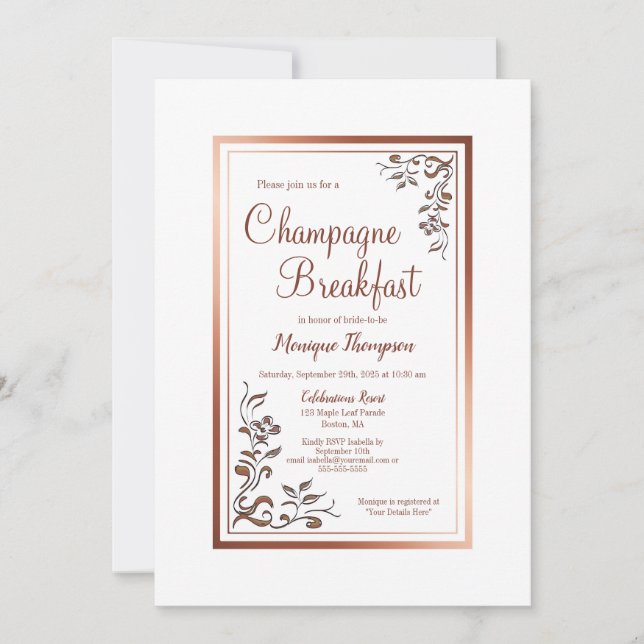 Rose Gold Floral Border Bridal Champagne Frühstück Einladung (Vorderseite)