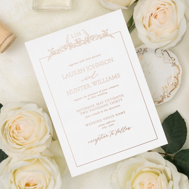 Rose Gold Floral Border Monogram Wedding Folieneinladung (Von Creator hochgeladen)