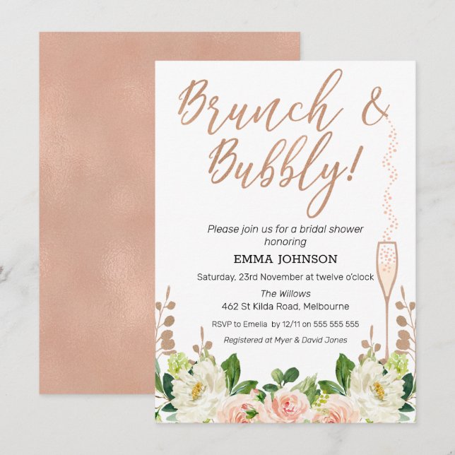Rose Gold Floral Brunch Bridal Dusche Einladung (Vorne/Hinten)