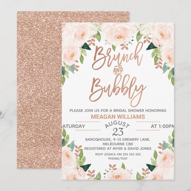 Rose Gold Floral Brunch Bubbly Bridal Einladung (Vorne/Hinten)