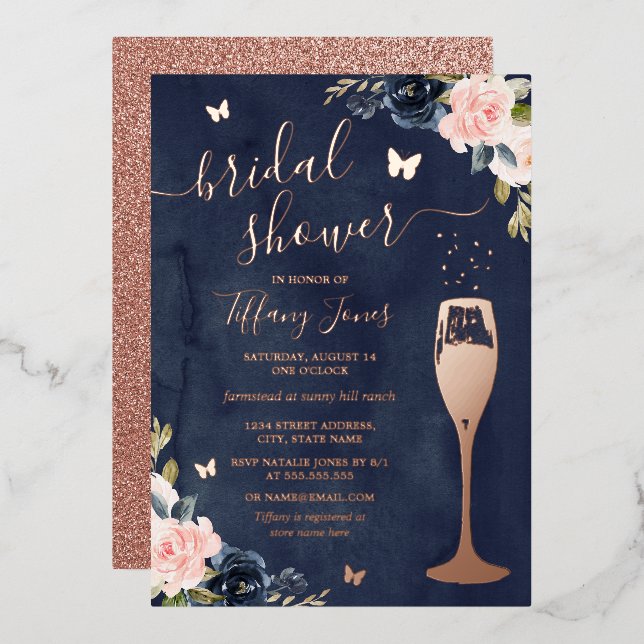 Rose Gold Floral Bubbly Brautparty Folieneinladung (Vorderseite/Rückseite)