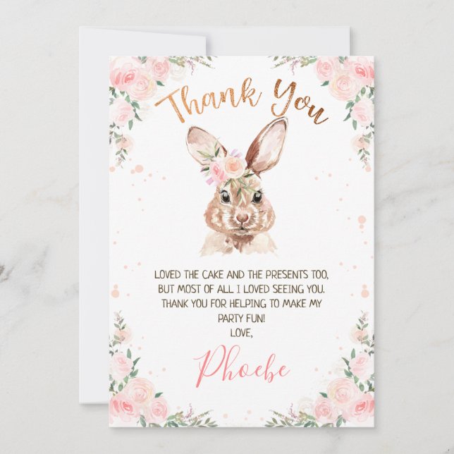 Rose Gold Floral Bunny Anniversaire Carte de remer (Devant)