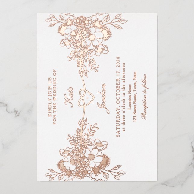 Rose Gold Floral Coeur Foil Mariage Invitation (Recto)