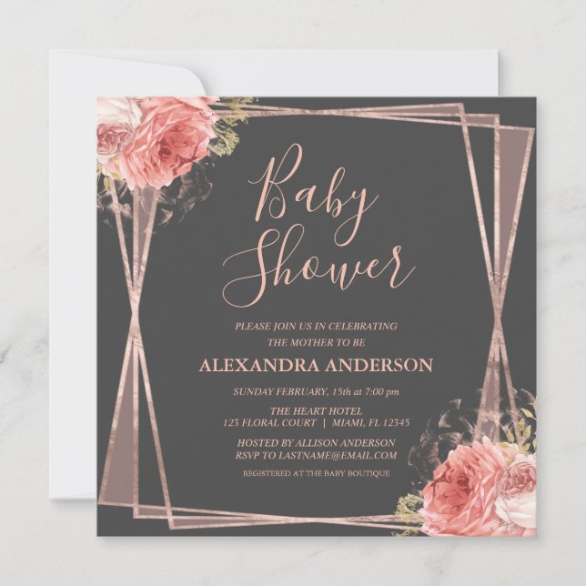 Rose Gold Floral Elegante Moderne Babydusche Einladung (Vorderseite)