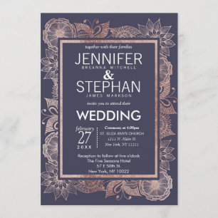 Rose Gold Floral et Navy Blue Wedding Invitations