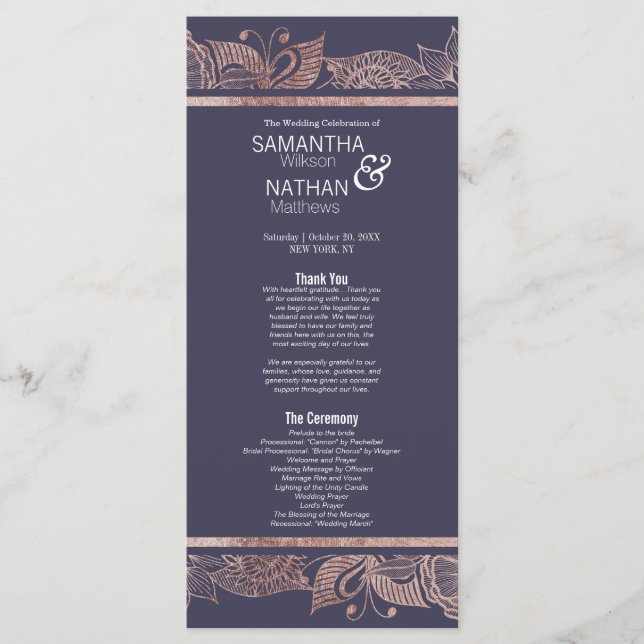 Rose Gold Floral et Navy Blue Wedding Programmes (Devant)