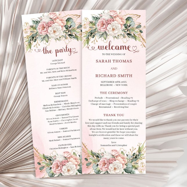 Rose Gold Floral Eucalyptus Elegant Wedding Agenda Programm (Elegant Rose Gold Floral Eucalyptus Wedding Program)