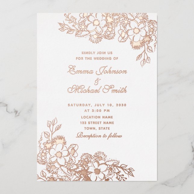 Rose Gold Floral Foil Einladung (Vorderseite)