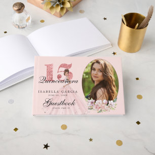 Rose Gold Floral & Foto Quinceñera Personalisiert Gästebuch