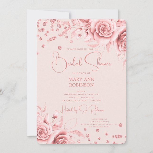Rose Gold Floral Glitzer Brautparty Blush Einladung (Vorderseite)