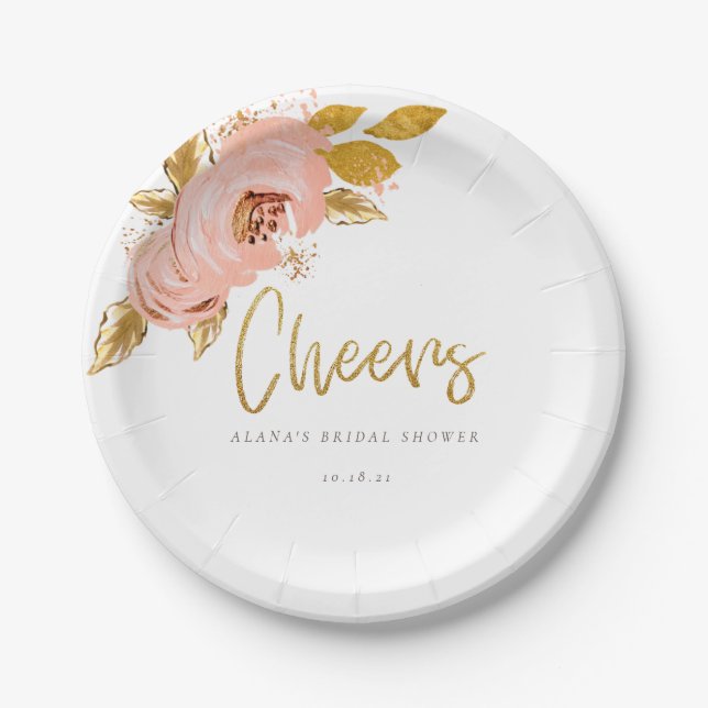 Rose Gold Floral Glitzer Brautparty Papierplatte Pappteller (Vorderseite)